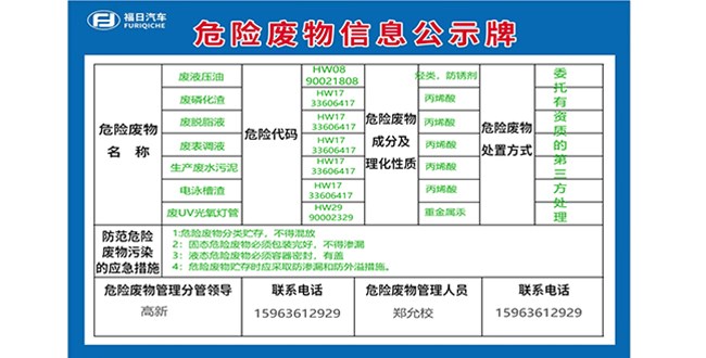 福日汽车危险废物信息公示牌